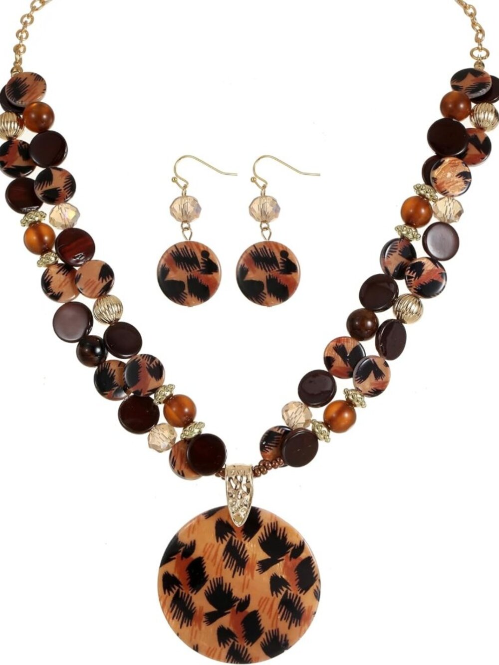 Colorful Layered Beads Statement Necklace & Earring Set - Chunky Glass & Shell